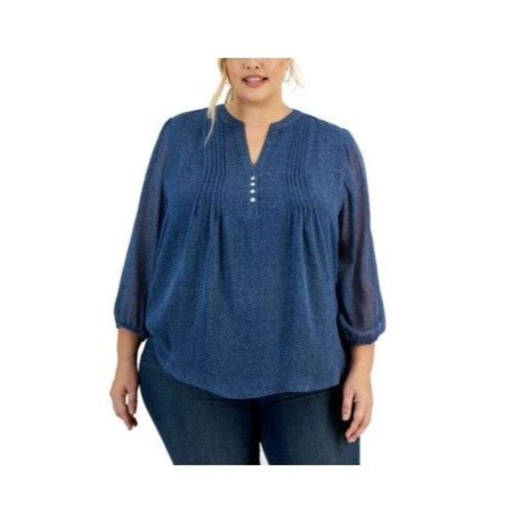 Tommy Hilfiger Womens Plus 2X Blue Multi Pintucked Denim Print Top NWT CG71